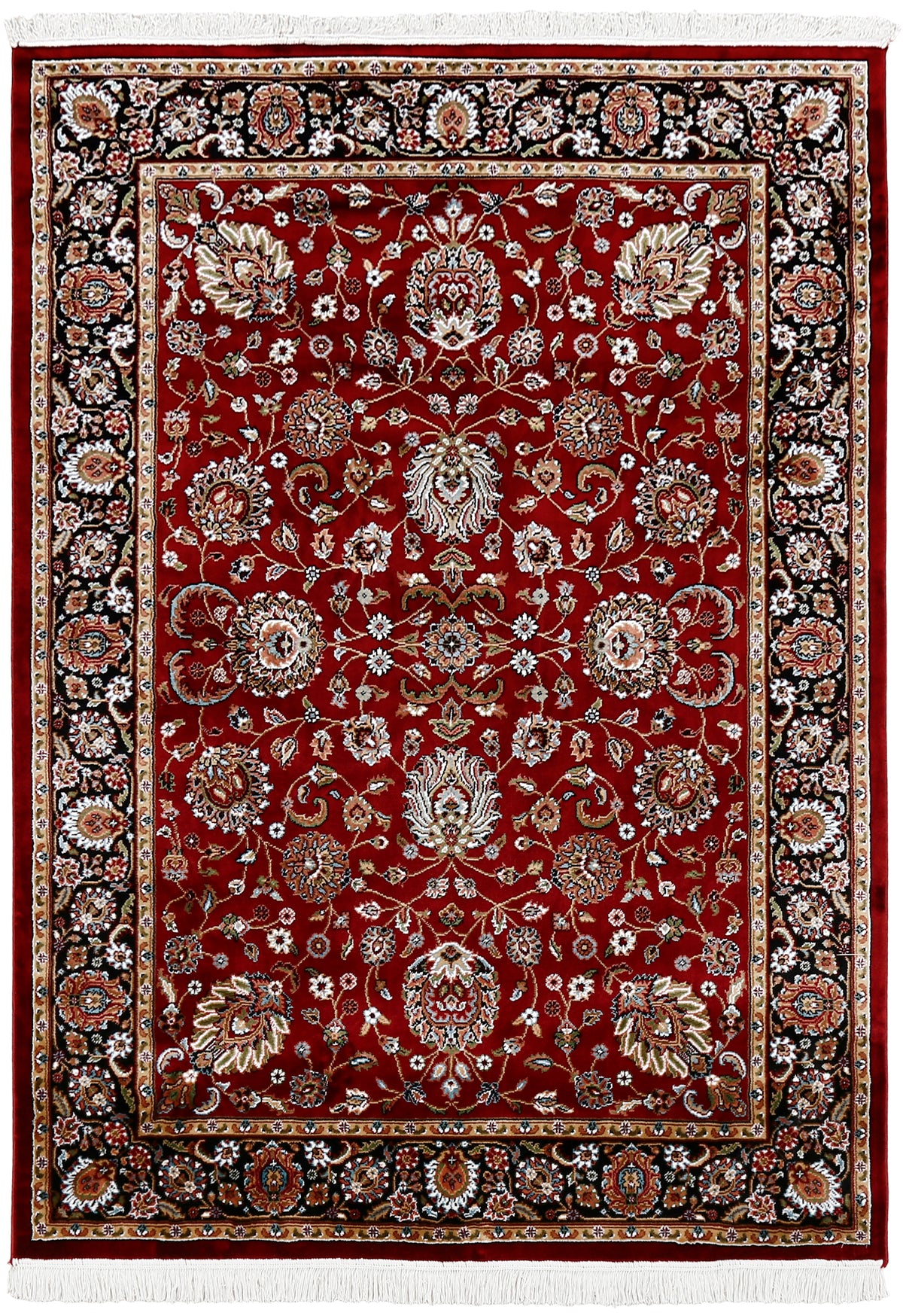 Full view of Red Machine Woven Classic Art Silk Rug with intricate floral pattern and black ornamental border