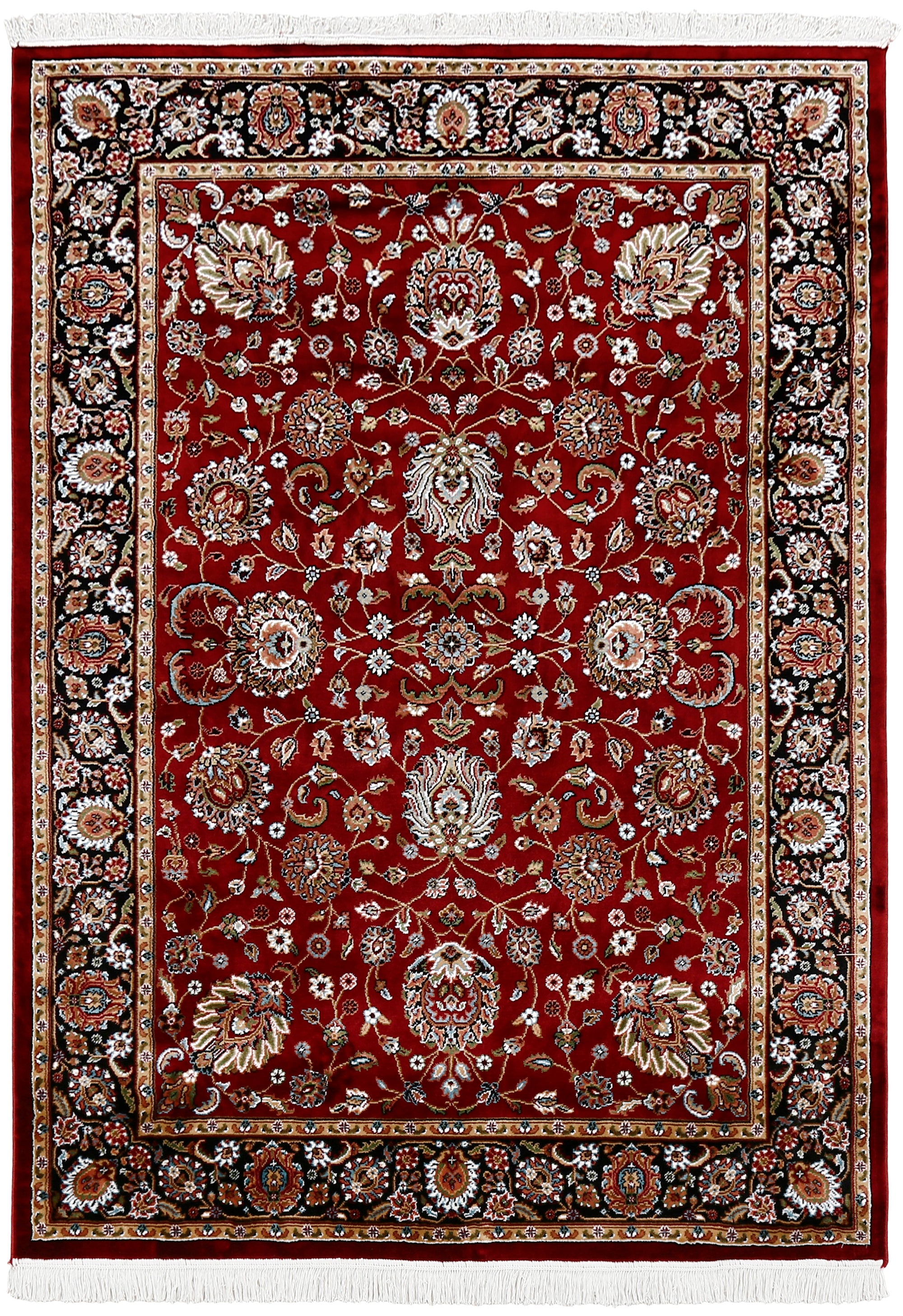 Full view of Red Machine Woven Classic Art Silk Rug with intricate floral pattern and black ornamental border