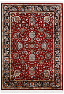 Full view of Red Machine Woven Classic Art Silk Rug with intricate floral pattern and black ornamental border