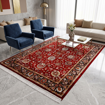 Red Floral Machine Woven Classic Art Silk Rug styled in an elegant interior by Khushi Living