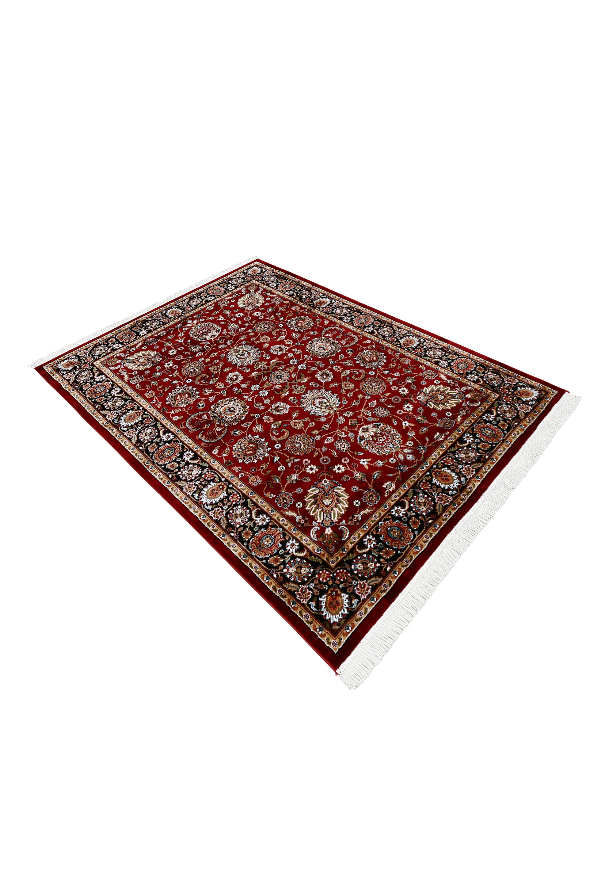 Side angle view of Red Floral Machine Woven Classic Art Silk Rug by Khushi Living