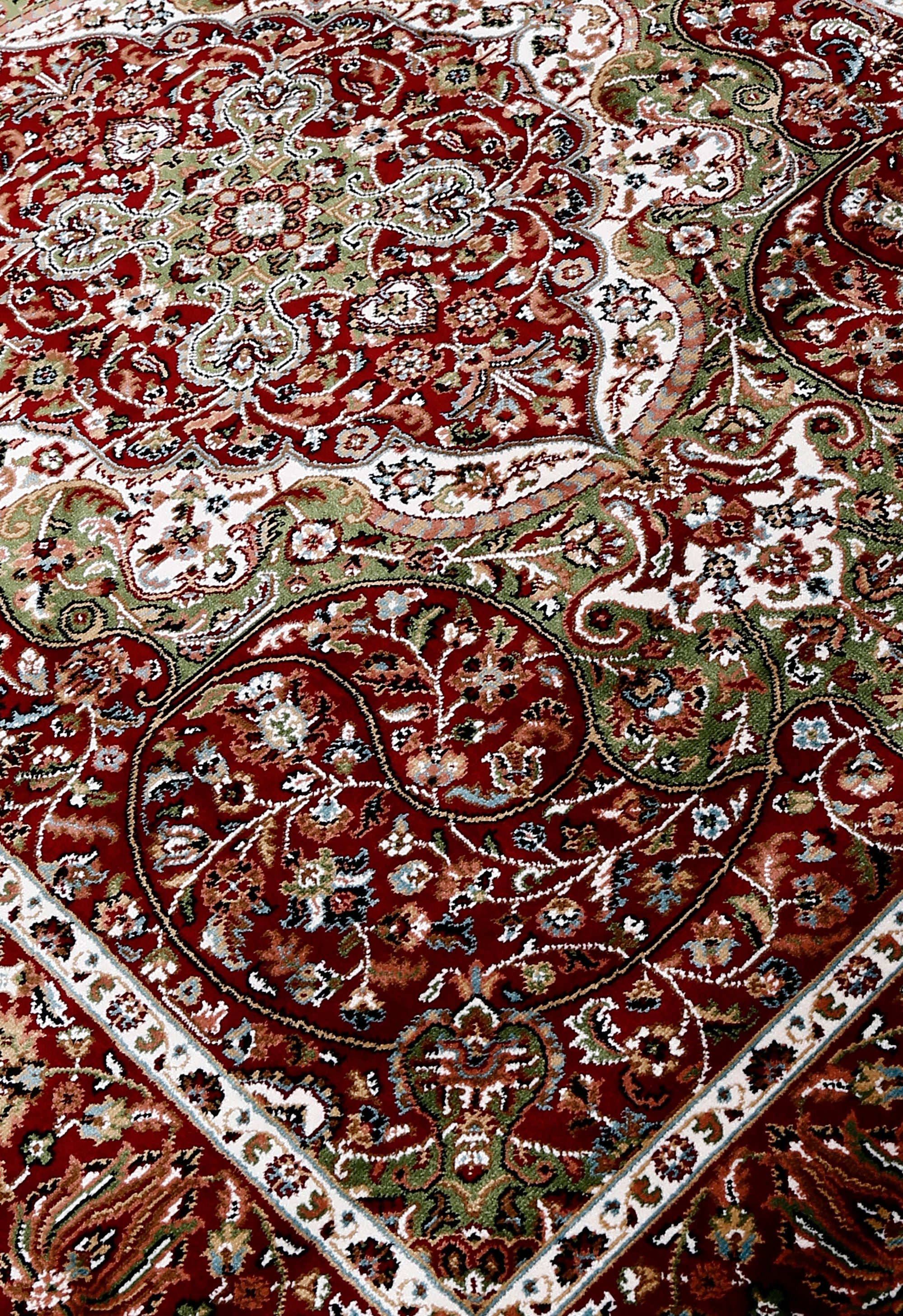 Close-up texture of Red Machine Woven Classic Art Silk Rug showing floral motifs and smooth Art Silk surface