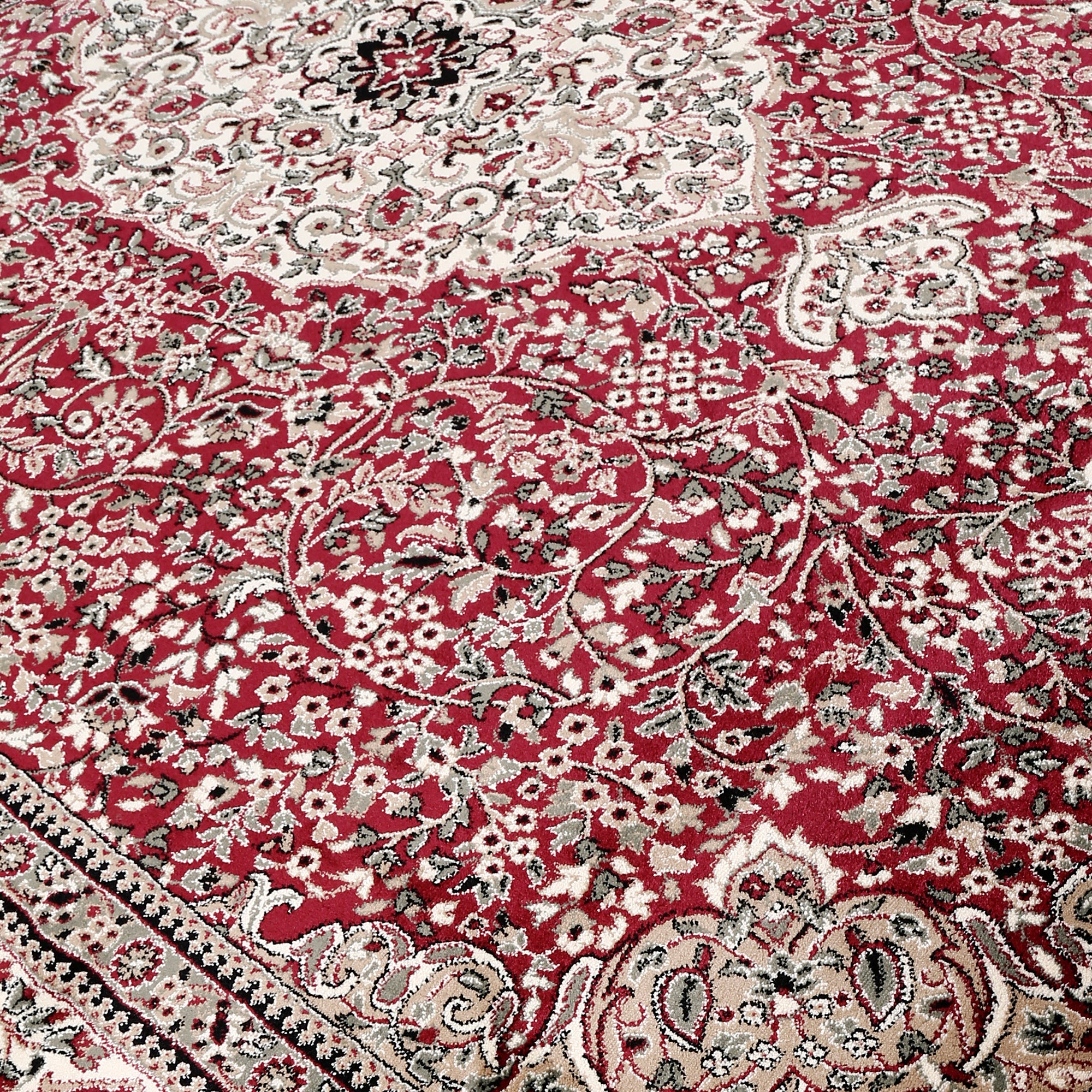 Close-up texture of Red Machine Woven Classic Art Silk Rug showing intricate floral motifs and smooth Art Silk surface