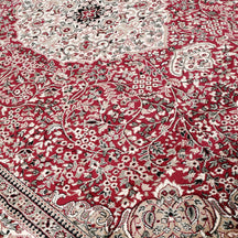 Close-up texture of Red Machine Woven Classic Art Silk Rug showing intricate floral motifs and smooth Art Silk surface