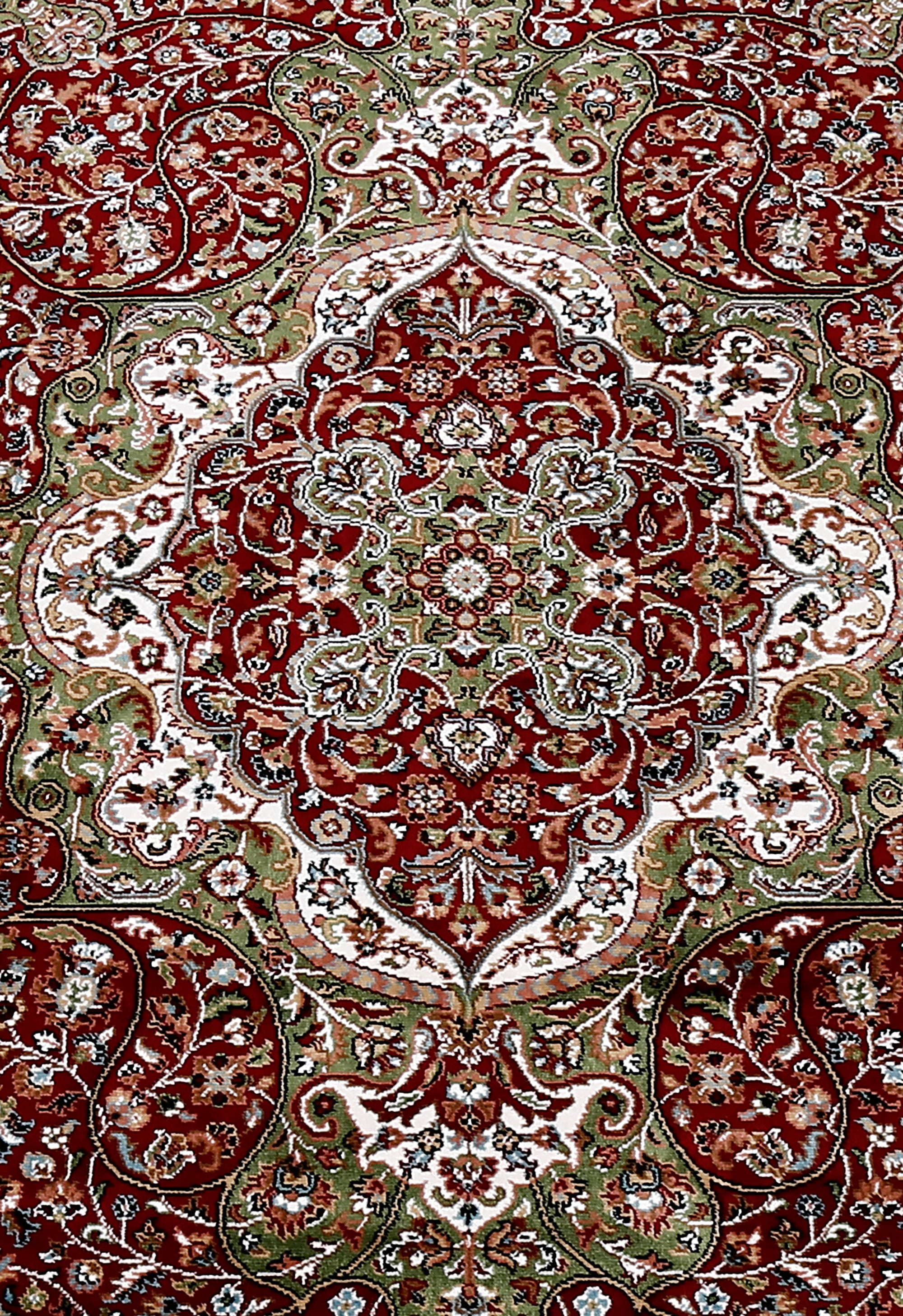 Close-up texture of Red Machine Woven Classic Art Silk Rug showing floral motifs and smooth Art Silk surface