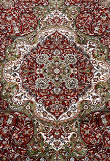 Close-up texture of Red Machine Woven Classic Art Silk Rug showing floral motifs and smooth Art Silk surface