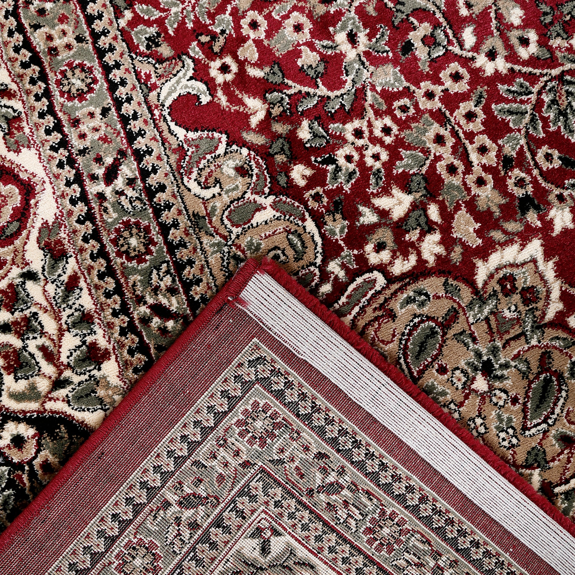 Corner and edge detail of Red Floral Medallion Machine Woven Classic Art Silk Rug with ivory ornamental border