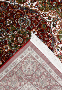 Corner and fringed edge detail of Red Floral Medallion Machine Woven Classic Art Silk Rug