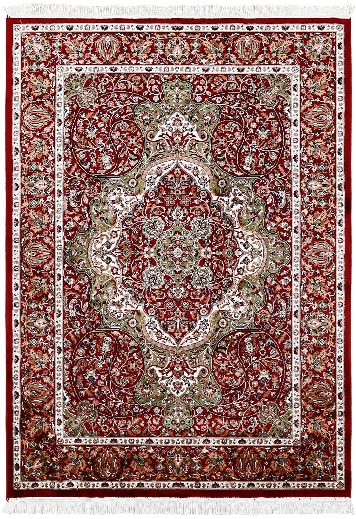 Full view of Red Machine Woven Classic Art Silk Rug with ornate floral medallion and sage green accents