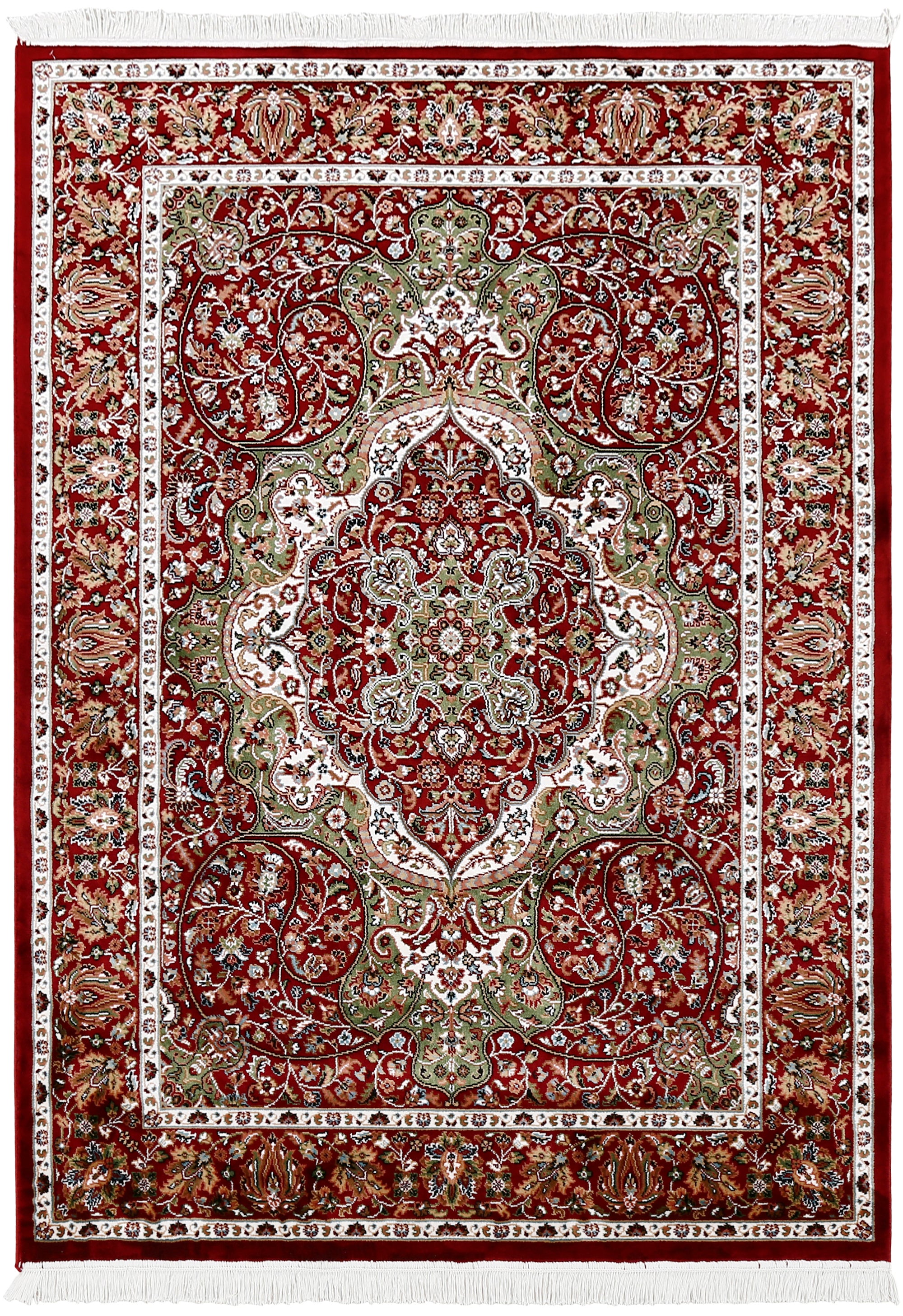 Full view of Red Machine Woven Classic Art Silk Rug with ornate floral medallion and sage green accents