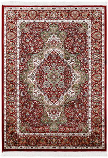 Full view of Red Machine Woven Classic Art Silk Rug with ornate floral medallion and sage green accents