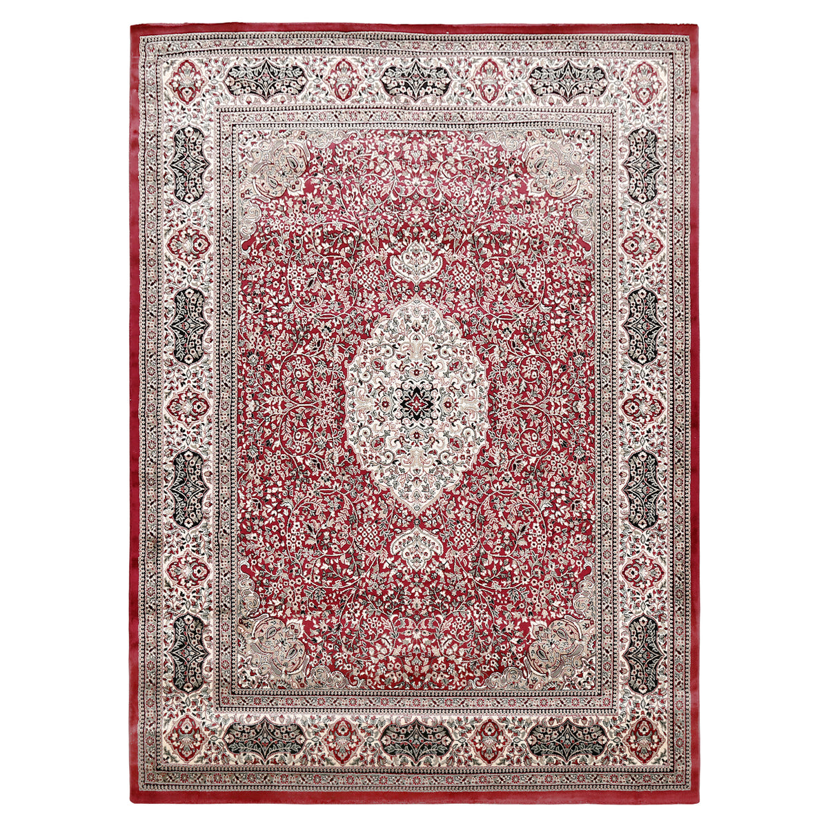 Full view of Red Machine Woven Classic Art Silk Rug with ivory floral medallion and ornamental border