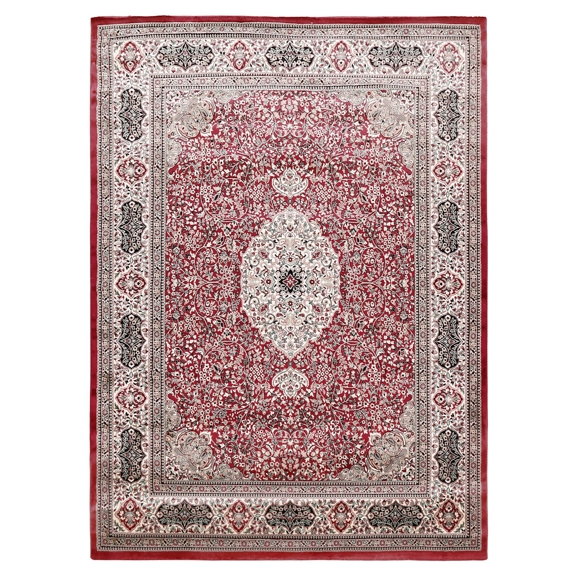 Full view of Red Machine Woven Classic Art Silk Rug with ivory floral medallion and ornamental border