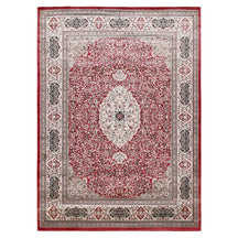 Full view of Red Machine Woven Classic Art Silk Rug with ivory floral medallion and ornamental border