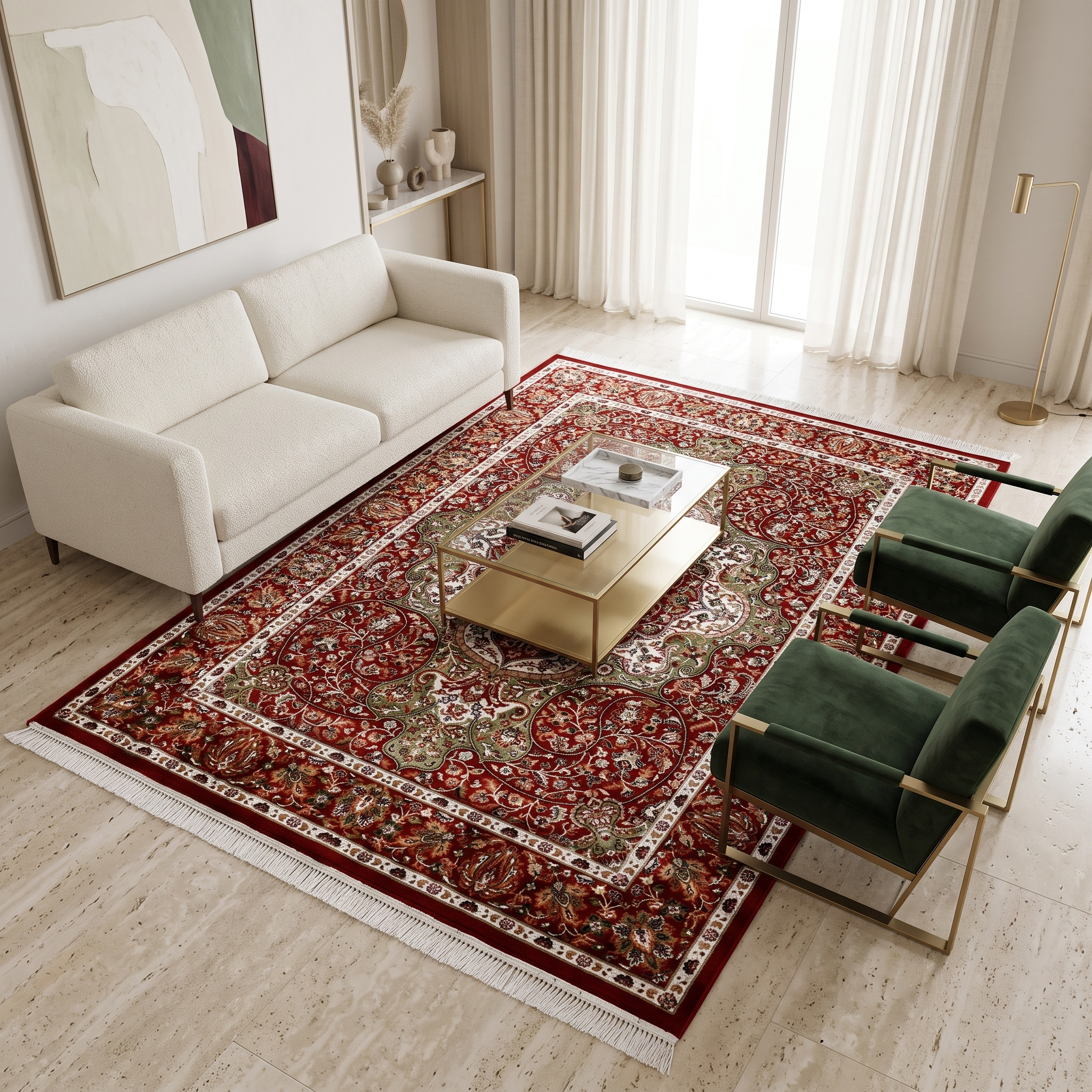 Red Floral Medallion Machine Woven Classic Art Silk Rug styled in an elegant interior by Khushi Living