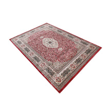 Side angle view of Red Floral Medallion Machine Woven Classic Art Silk Rug by Khushi Living