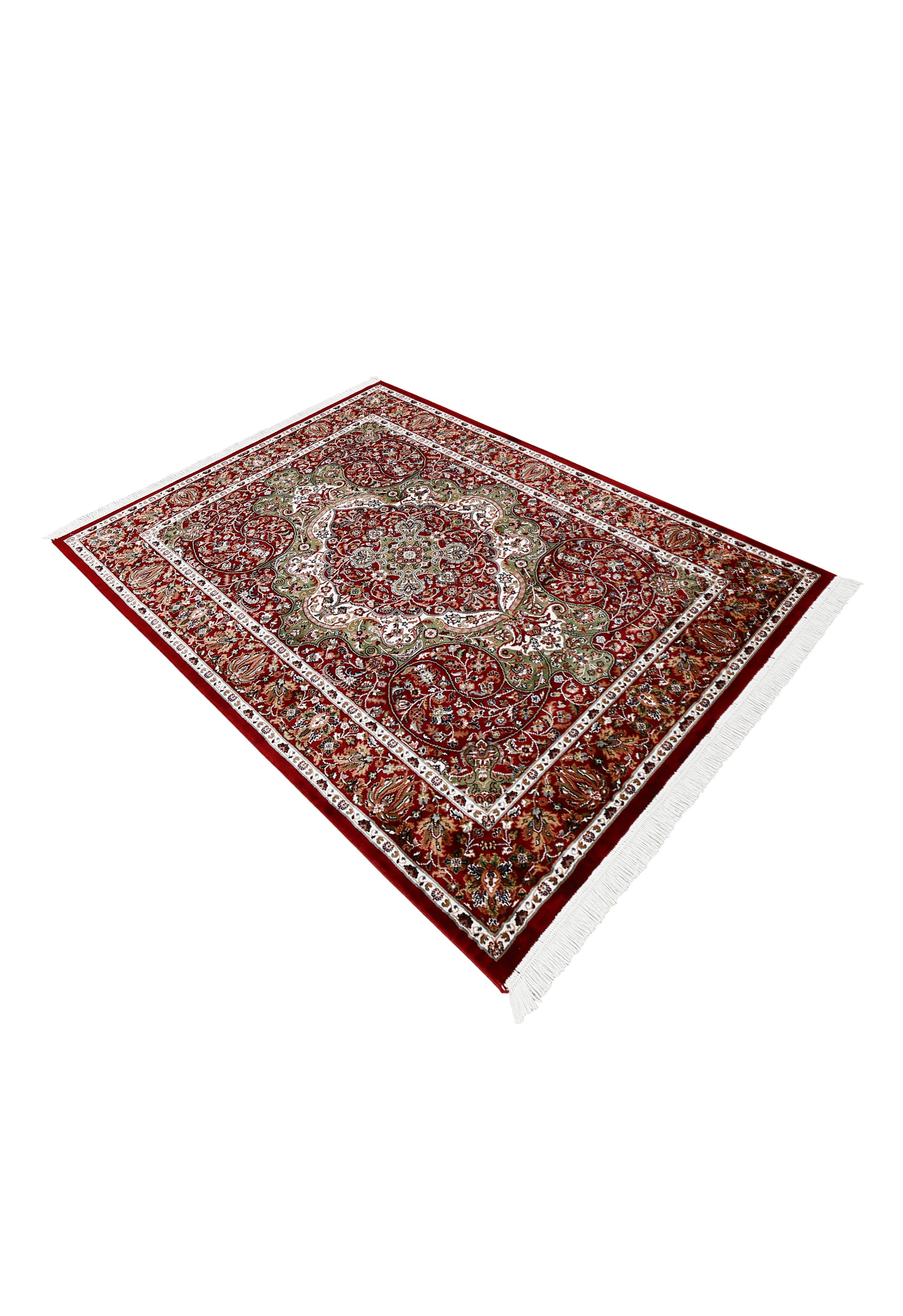 Side angle view of Red Floral Medallion Machine Woven Classic Art Silk Rug by Khushi Living