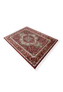 Side angle view of Red Floral Medallion Machine Woven Classic Art Silk Rug by Khushi Living
