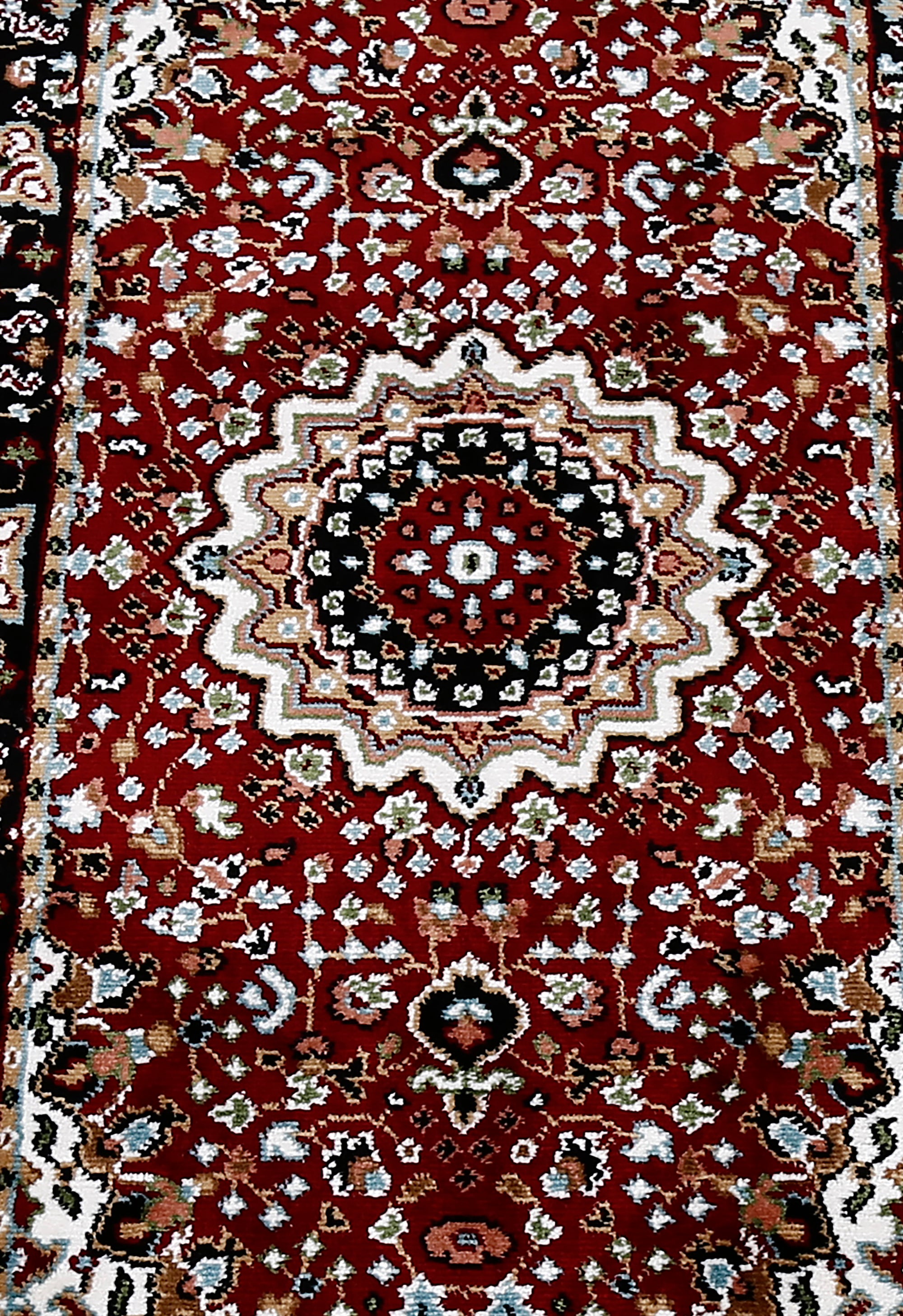 Close-up texture of Red Machine Woven Classic Art Silk Runner Rug showing floral medallion motifs and smooth Art Silk surface