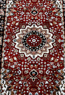Close-up texture of Red Machine Woven Classic Art Silk Runner Rug showing floral medallion motifs and smooth Art Silk surface