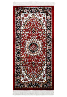Full view of Red Machine Woven Classic Art Silk Runner Rug with floral medallion and black ornamental border