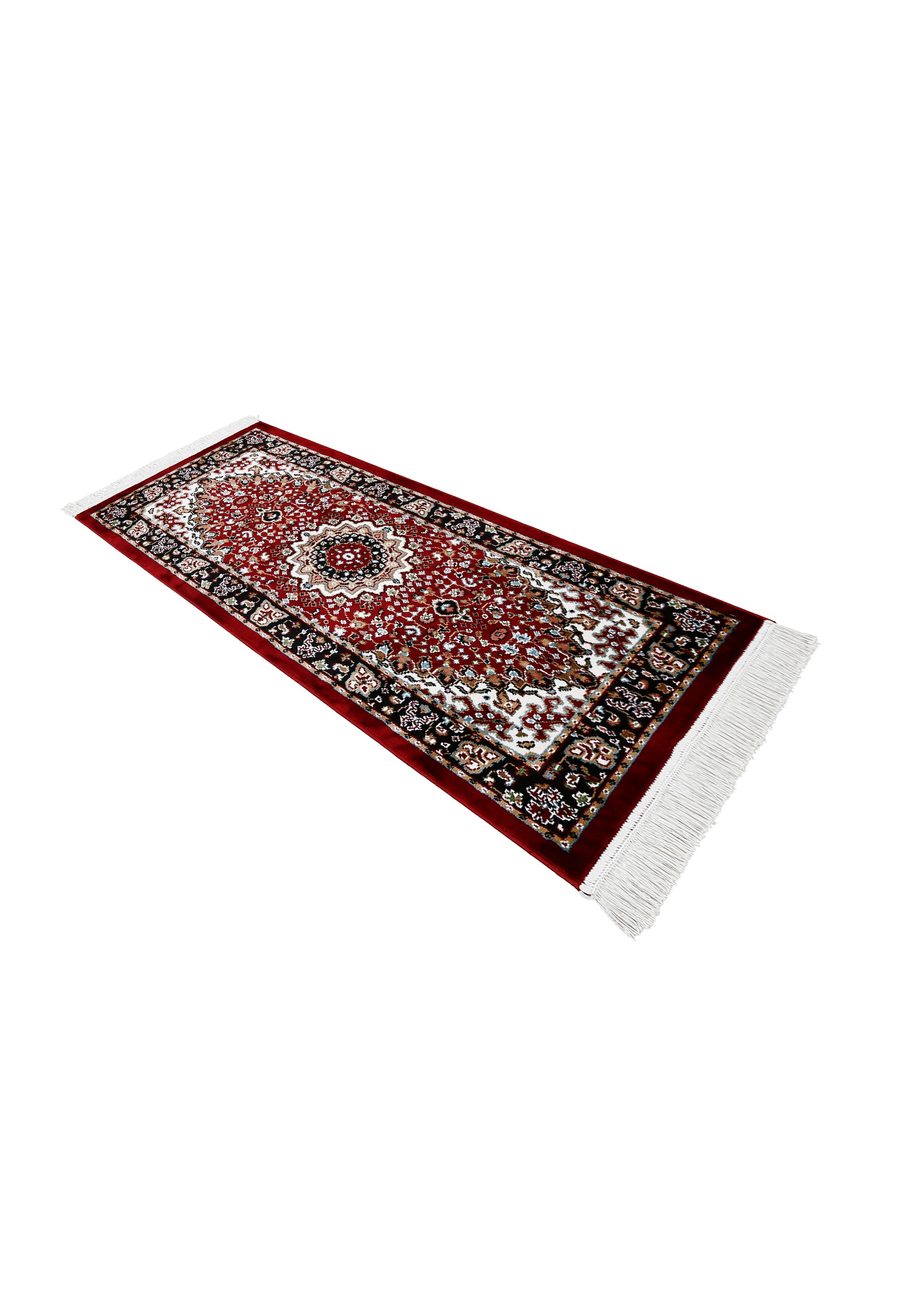 Side angle view of Red Floral Medallion Machine Woven Classic Art Silk Runner Rug by Khushi Living