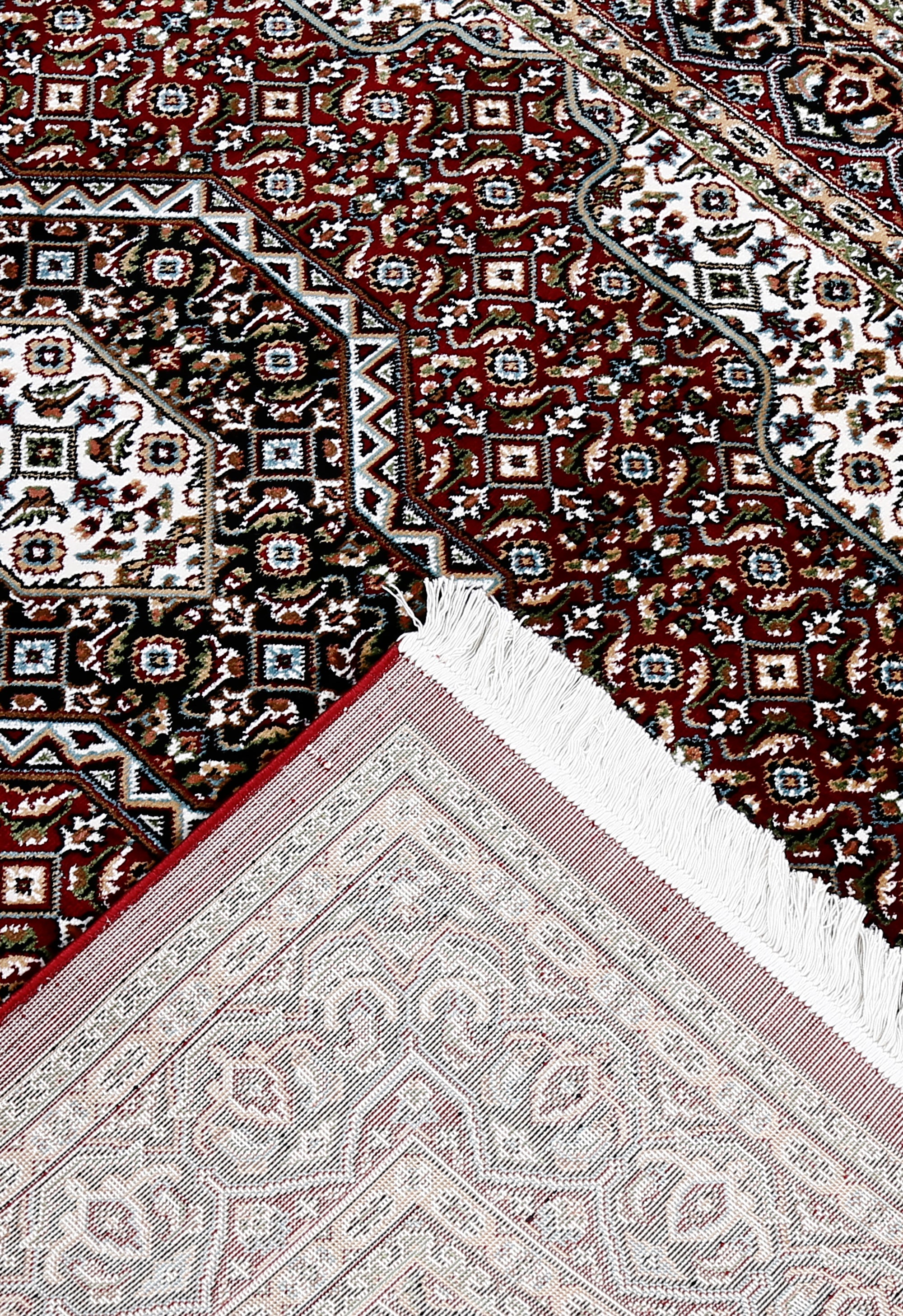 Corner and fringed edge detail of Red Geometric Medallion Machine Woven Classic Art Silk Rug