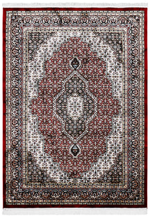 Full view of Red Machine Woven Classic Art Silk Rug with geometric central medallion and black ornamental border