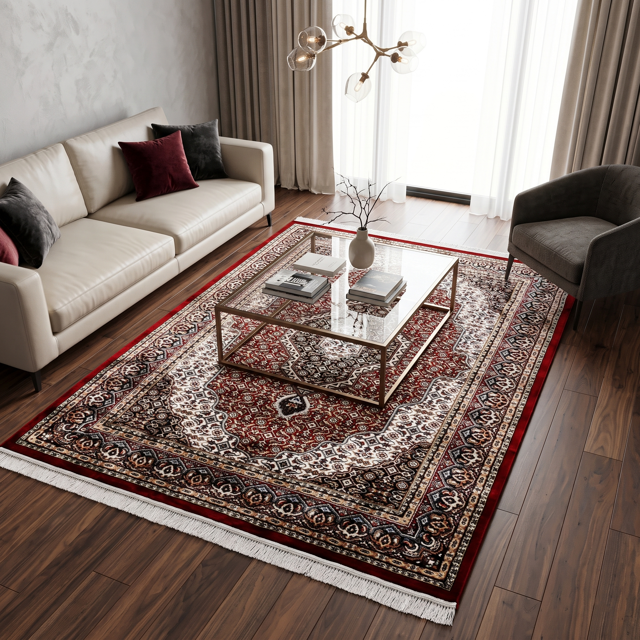 Red Geometric Medallion Machine Woven Classic Art Silk Rug styled in an elegant interior by Khushi Living