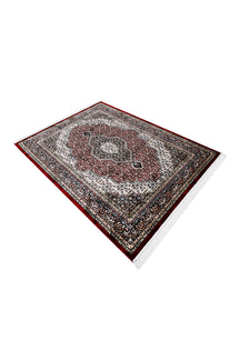 Side angle view of Red Geometric Medallion Machine Woven Classic Art Silk Rug by Khushi Living