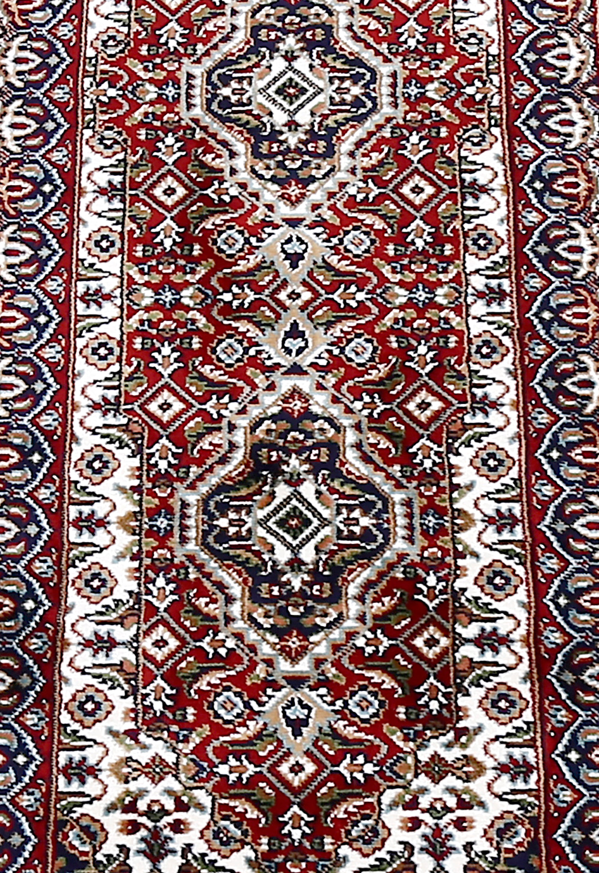 Close-up texture of Red Machine Woven Classic Art Silk Runner Rug showing geometric motifs and smooth Art Silk surface