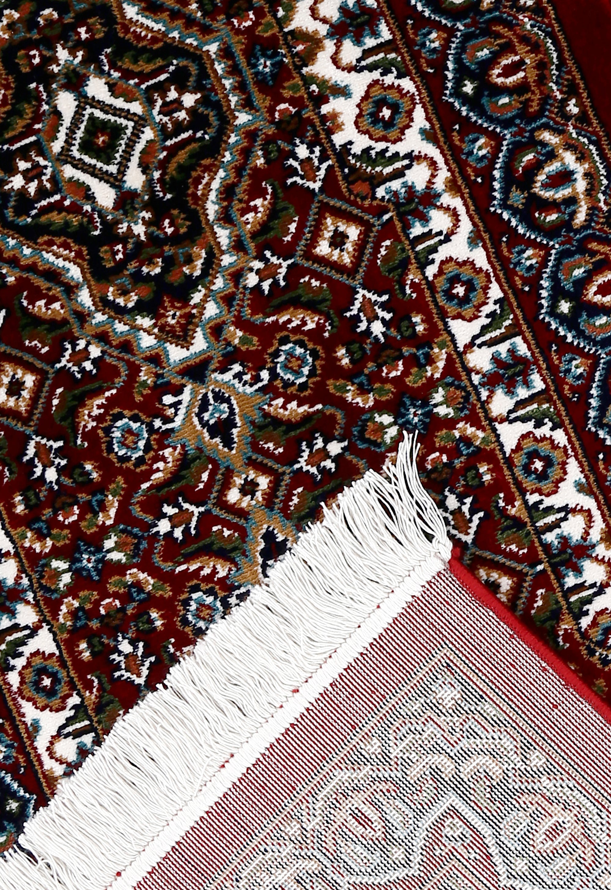 Corner and fringed edge detail of Red Geometric Medallion Machine Woven Classic Art Silk Runner Rug