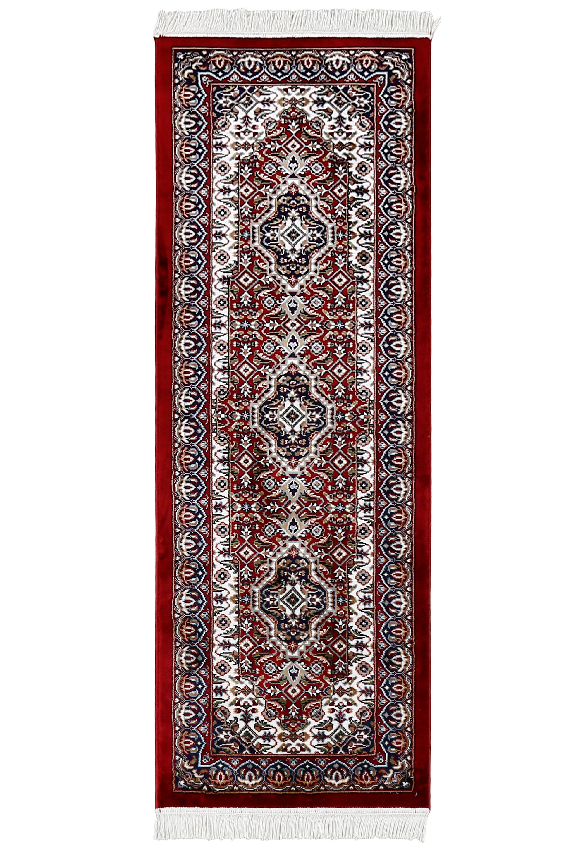Full view of Red Machine Woven Classic Art Silk Runner Rug with repeating geometric medallions and navy border