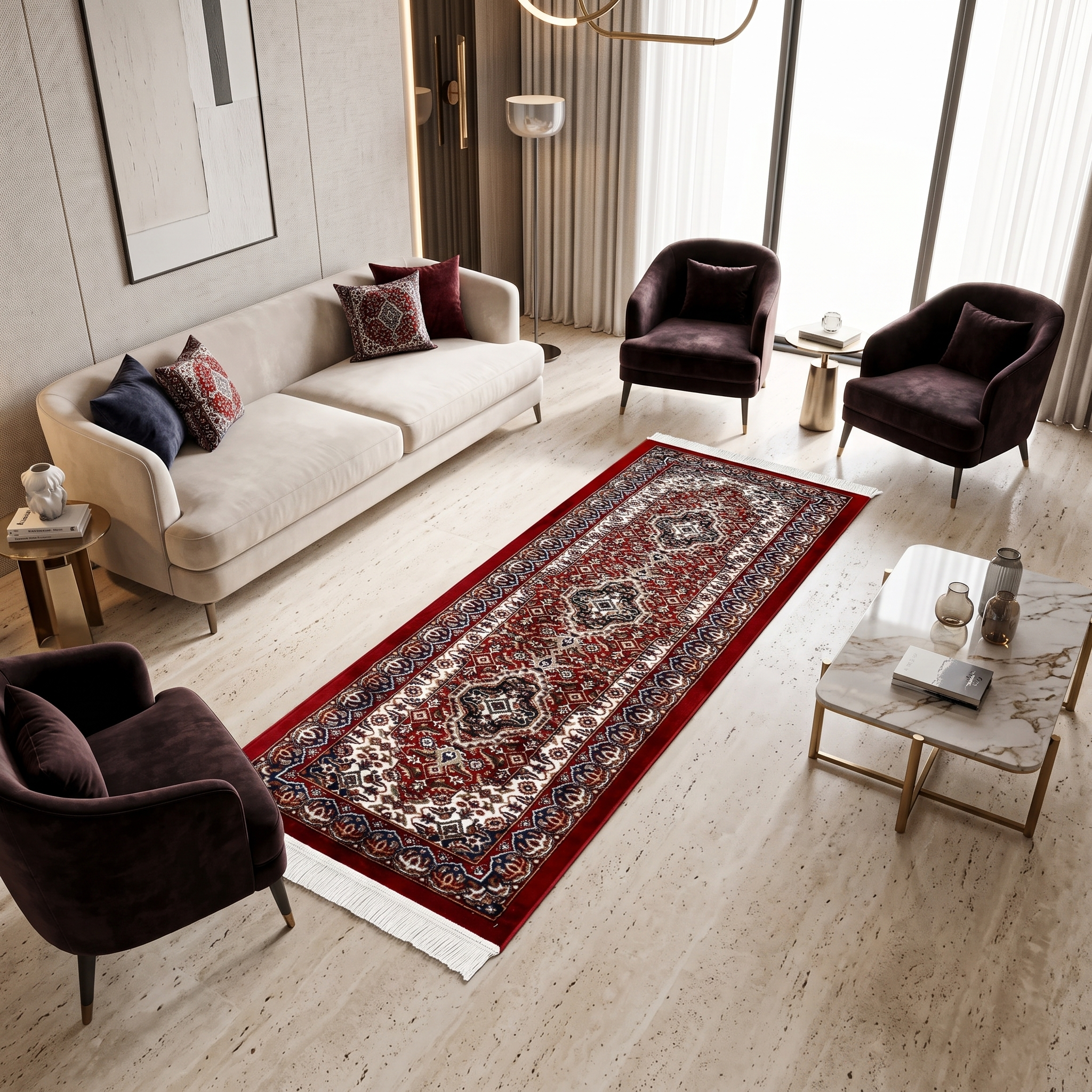 Red Geometric Medallion Machine Woven Classic Art Silk Runner Rug styled in a hallway interior by Khushi Living