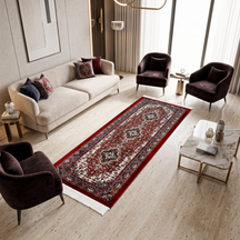 Red Geometric Medallion Machine Woven Classic Art Silk Runner Rug styled in a hallway interior by Khushi Living