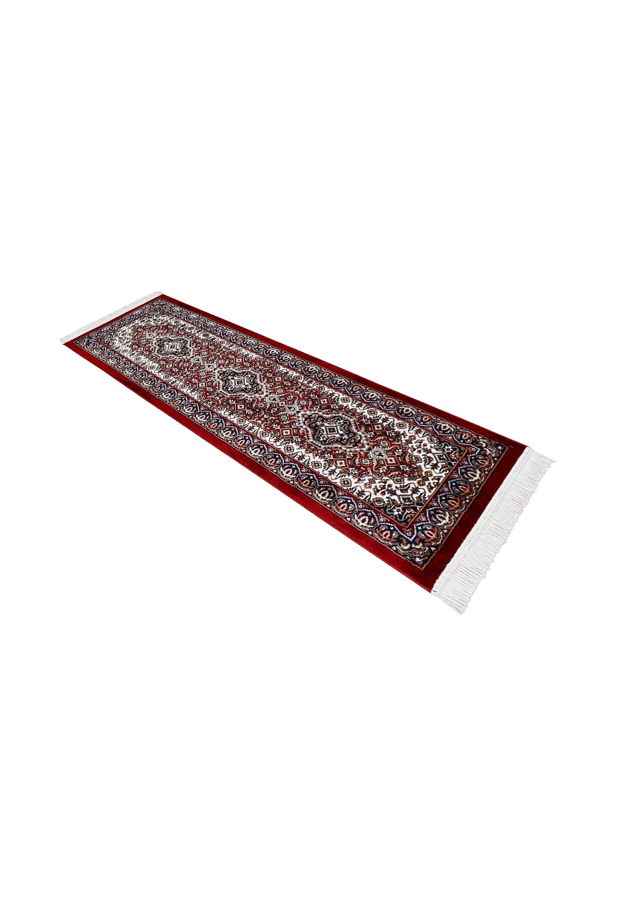 Side angle view of Red Geometric Medallion Machine Woven Classic Art Silk Runner Rug by Khushi Living