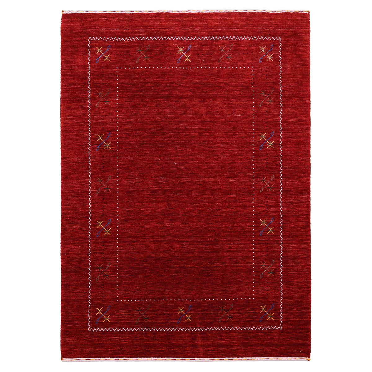 Full view of red Hand Woven Loom Lori wool rug with multicolour floral motifs and delicate geometric border