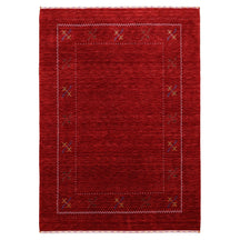 Full view of red Hand Woven Loom Lori wool rug with multicolour floral motifs and delicate geometric border