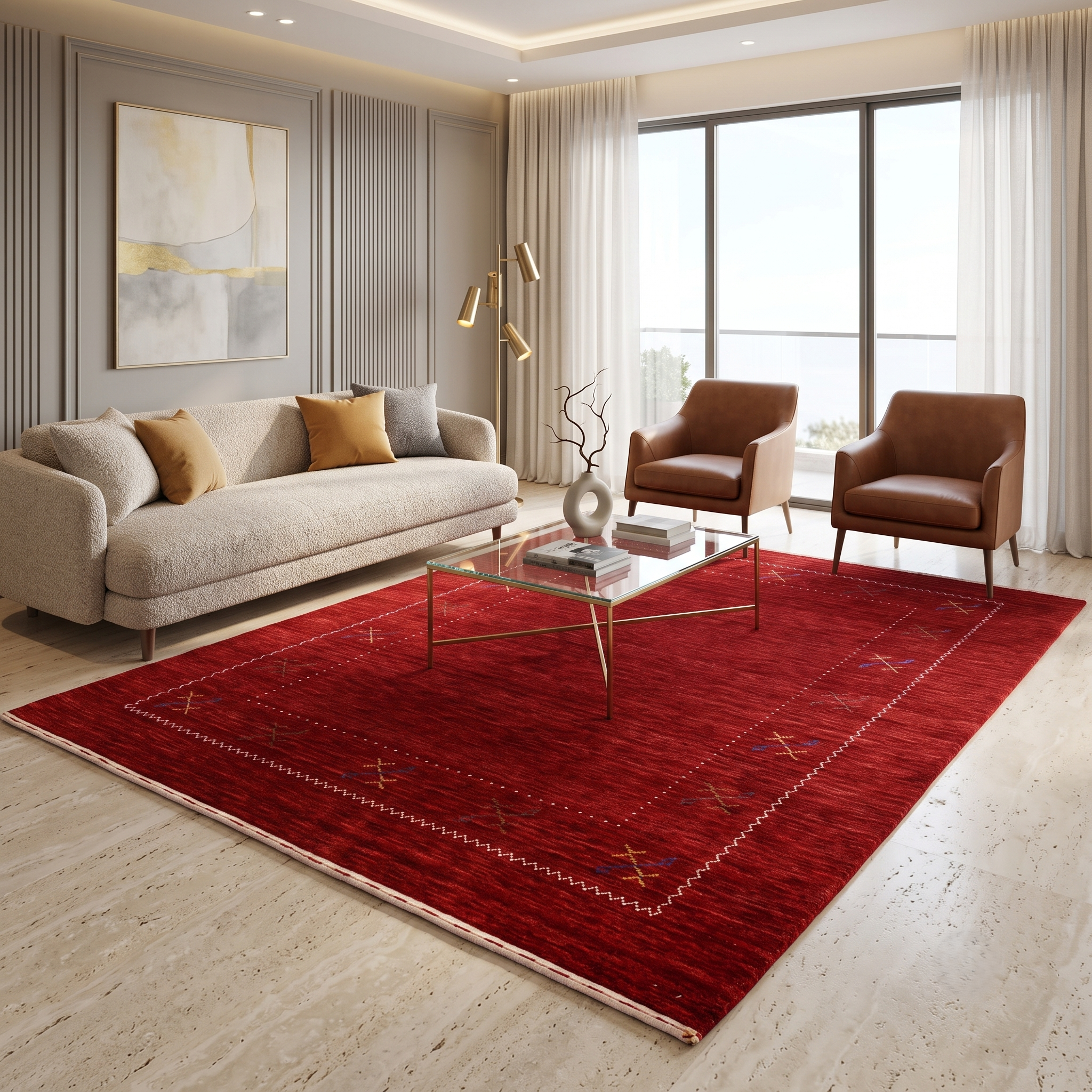 Red Hand Woven Loom Lori wool rug with minimal floral border design styled in an elegant contemporary living room