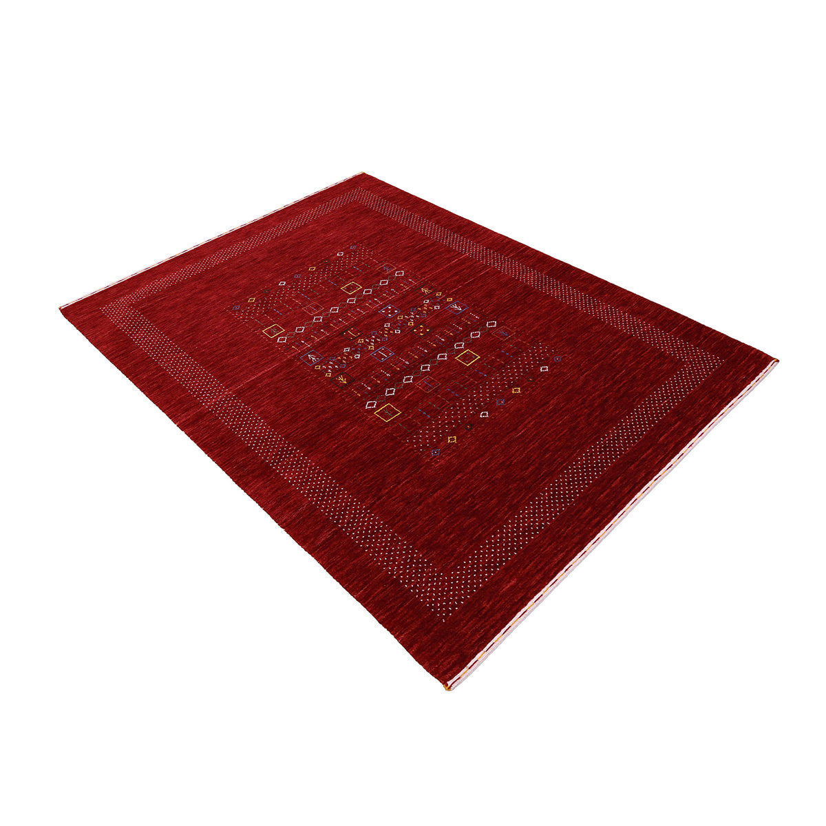 Side angle view of red Hand Woven Loom Lori wool rug highlighting wool texture, tribal geometric pattern and handmade finish