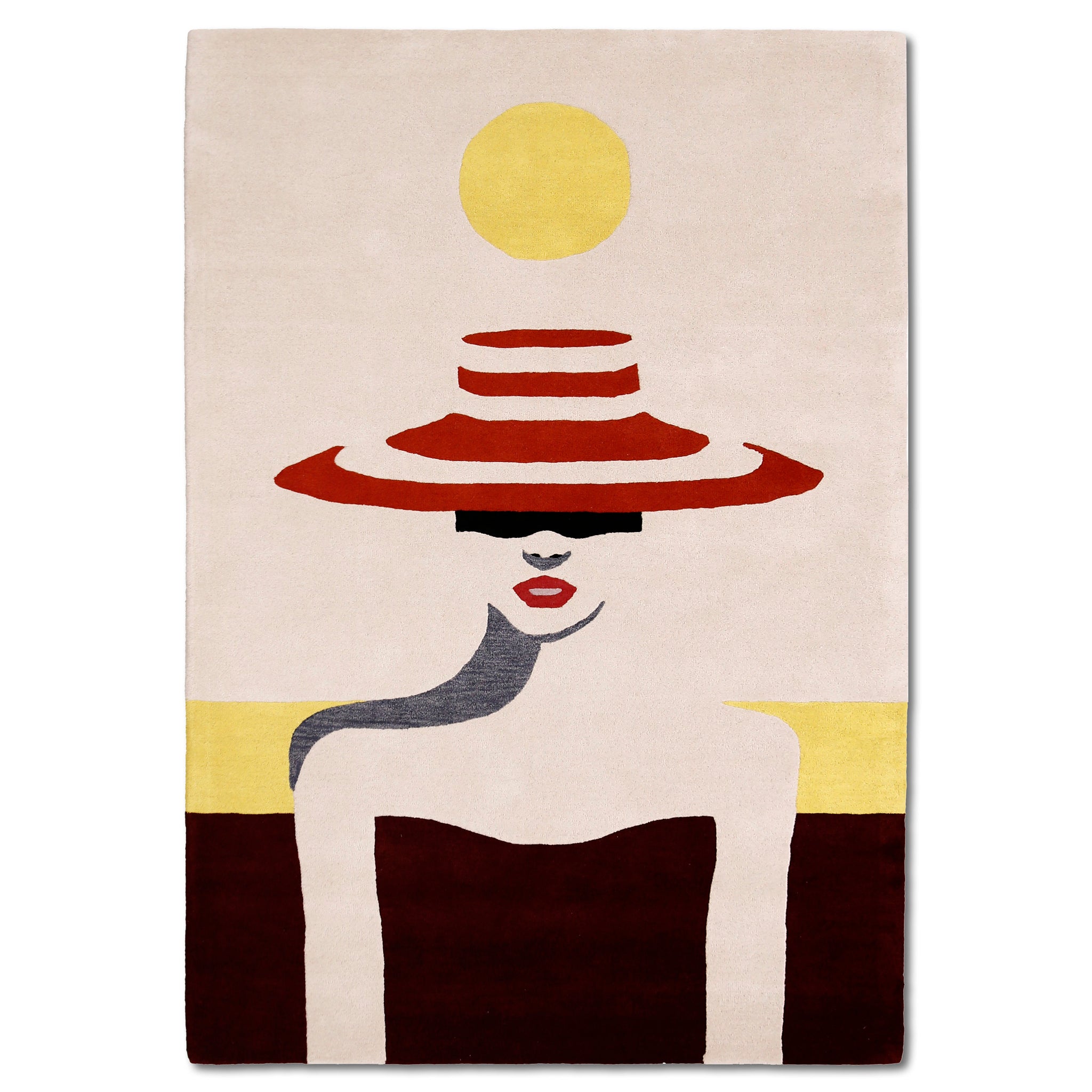 Red hat lady hand tufted wool wall rug with ivory background yellow sun detail red lips grey neck and burgundy base