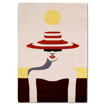 Red hat lady hand tufted wool wall rug with ivory background yellow sun detail red lips grey neck and burgundy base