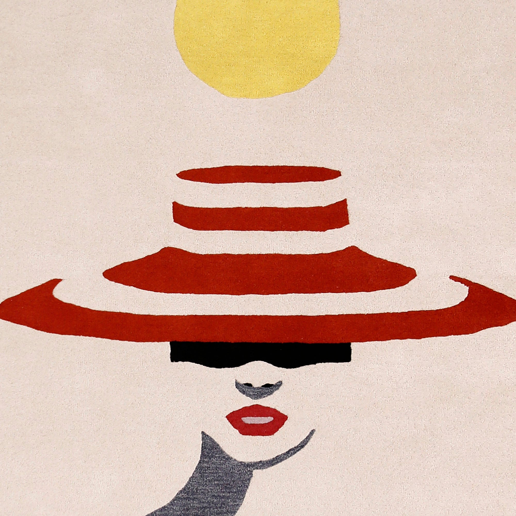 Close-up texture of the red hat lady hand tufted wool wall rug