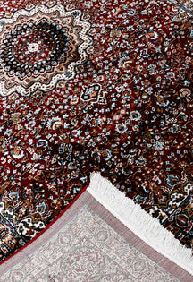 Corner and fringed edge detail of Red Medallion Machine Woven Classic Art Silk Rug