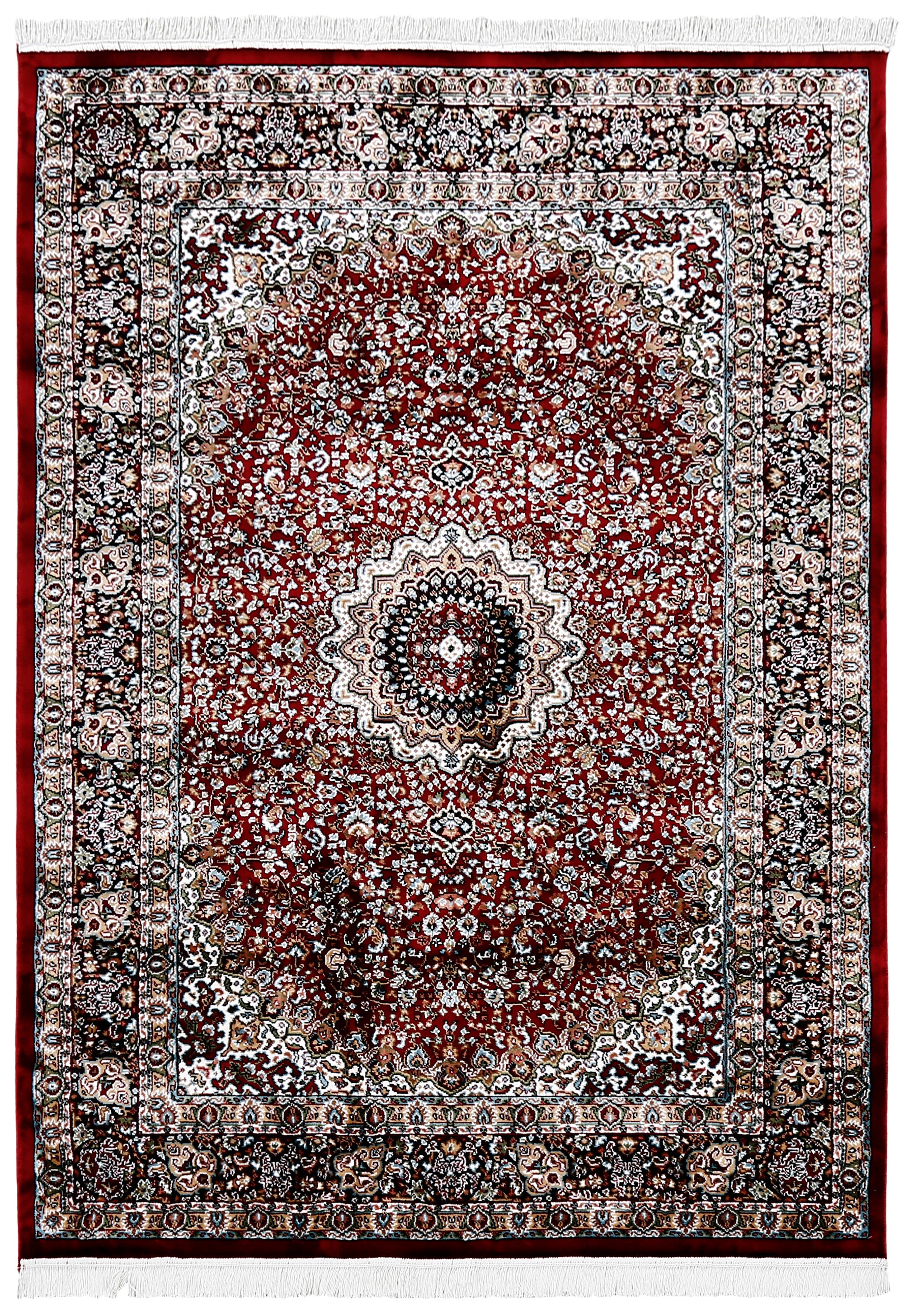 Full view of Red Machine Woven Classic Art Silk Rug with central medallion and ornate floral border