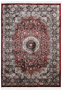 Full view of Red Machine Woven Classic Art Silk Rug with central medallion and ornate floral border