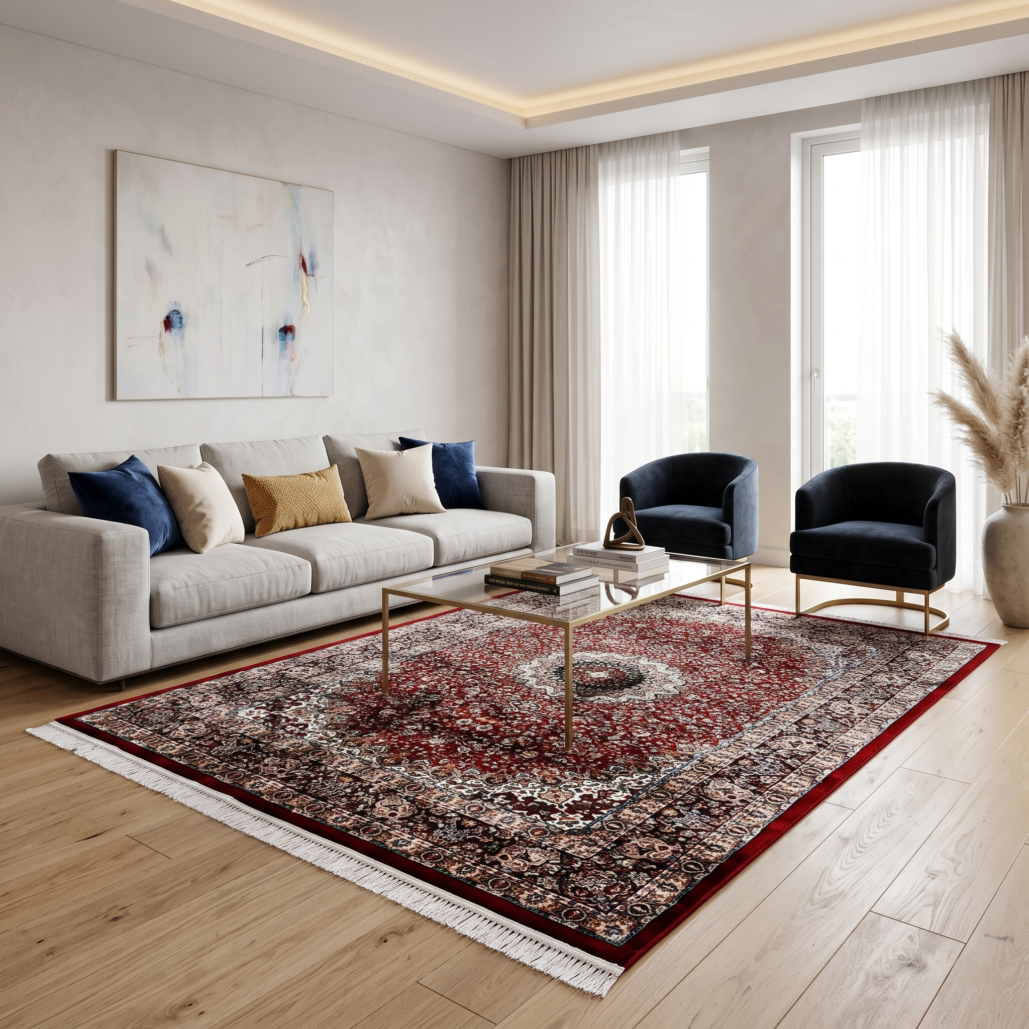 Red Medallion Machine Woven Classic Art Silk Rug styled in an elegant interior by Khushi Living