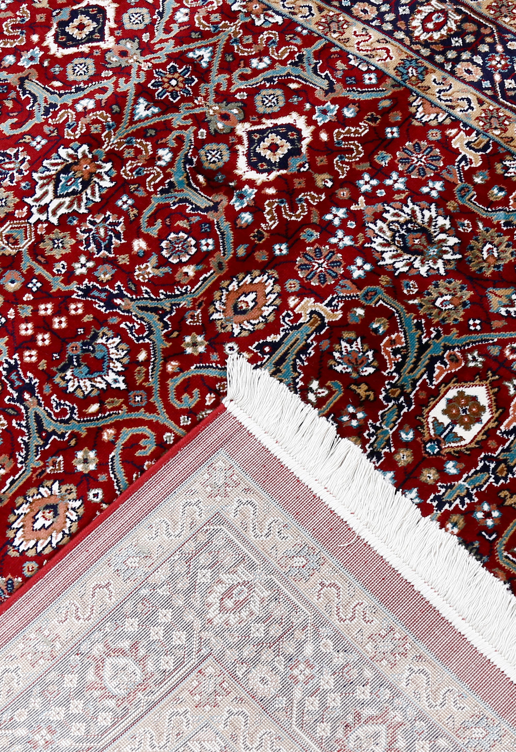 Corner and fringed edge detail of Red Ornamental Floral Machine Woven Classic Art Silk Rug