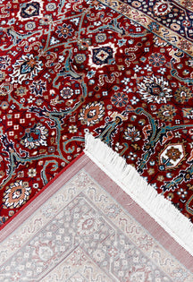 Corner and fringed edge detail of Red Ornamental Floral Machine Woven Classic Art Silk Rug