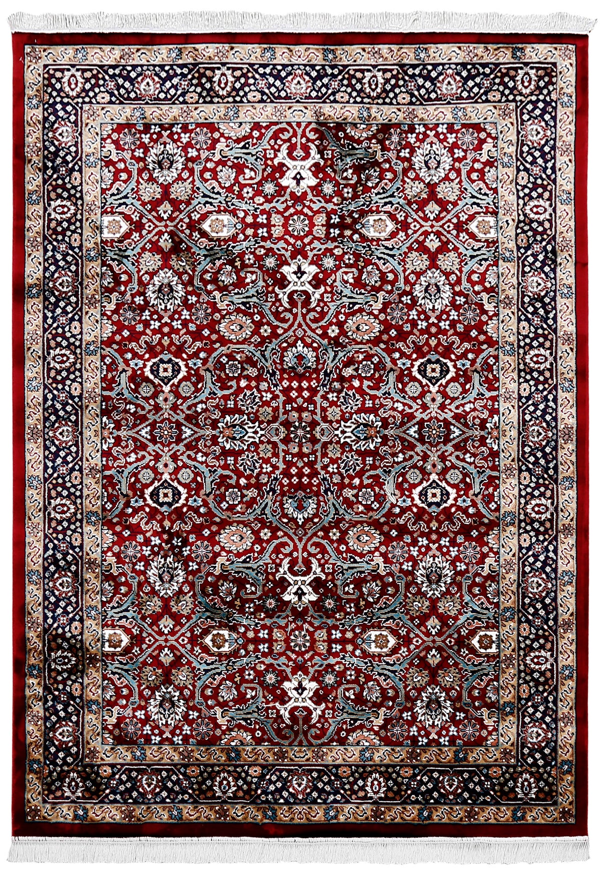 Full view of Red Machine Woven Classic Art Silk Rug with symmetrical floral pattern and black ornamental border